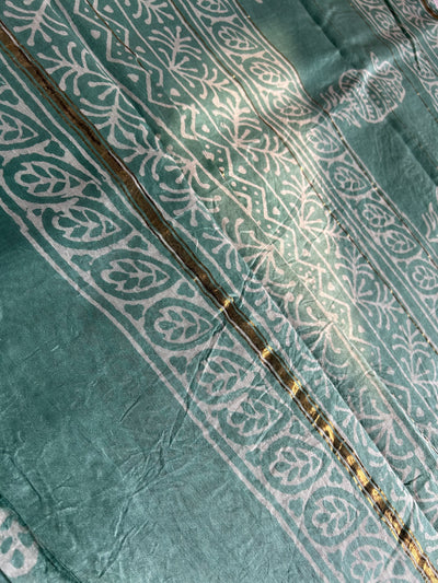 ICY CANDY: HANDBLOCK BAGRU PRINT CHANDERI SILK-COTT SAREE WITH ZARI BORDER.