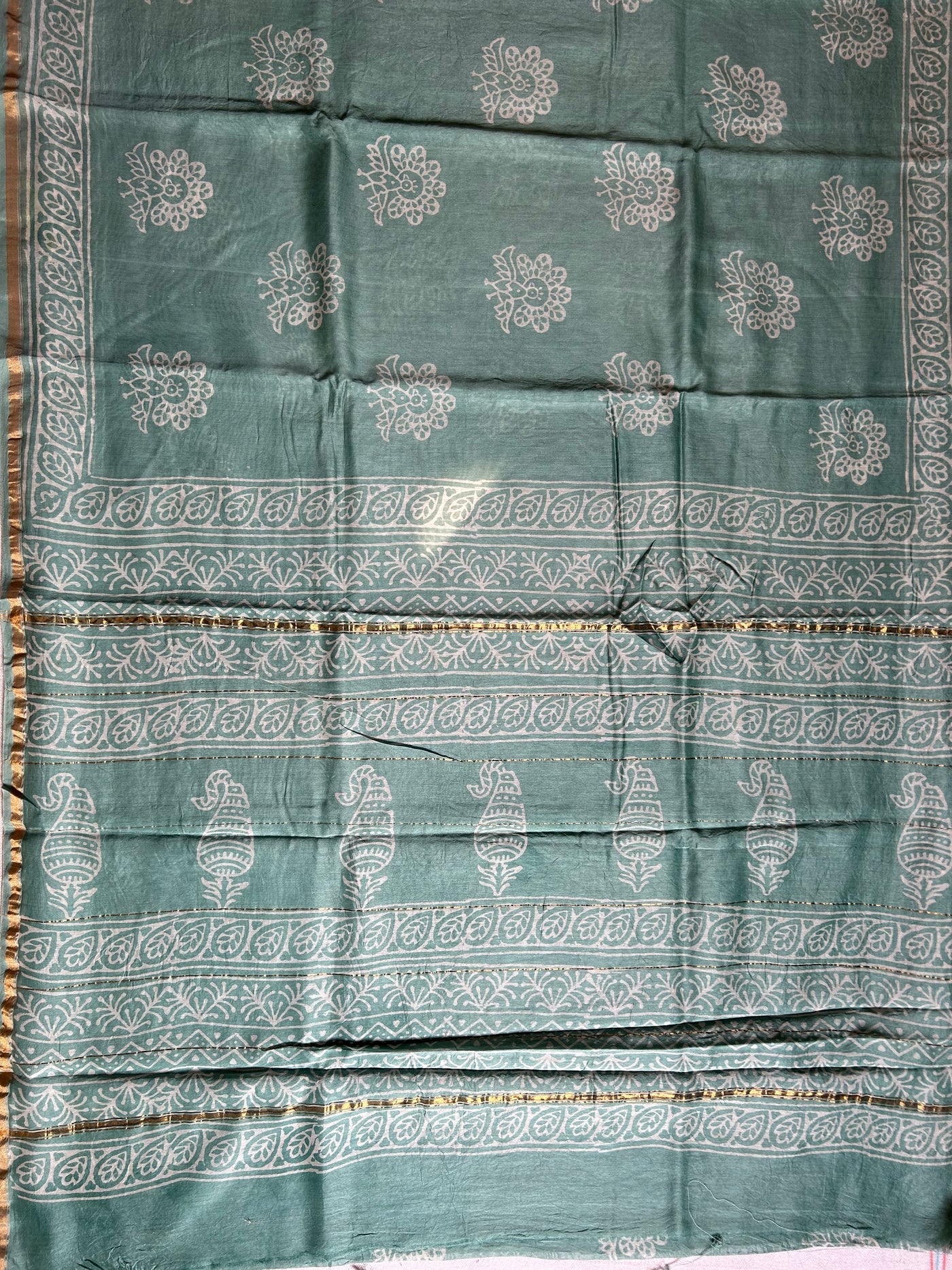 ICY CANDY: HANDBLOCK BAGRU PRINT CHANDERI SILK-COTT SAREE WITH ZARI BORDER.