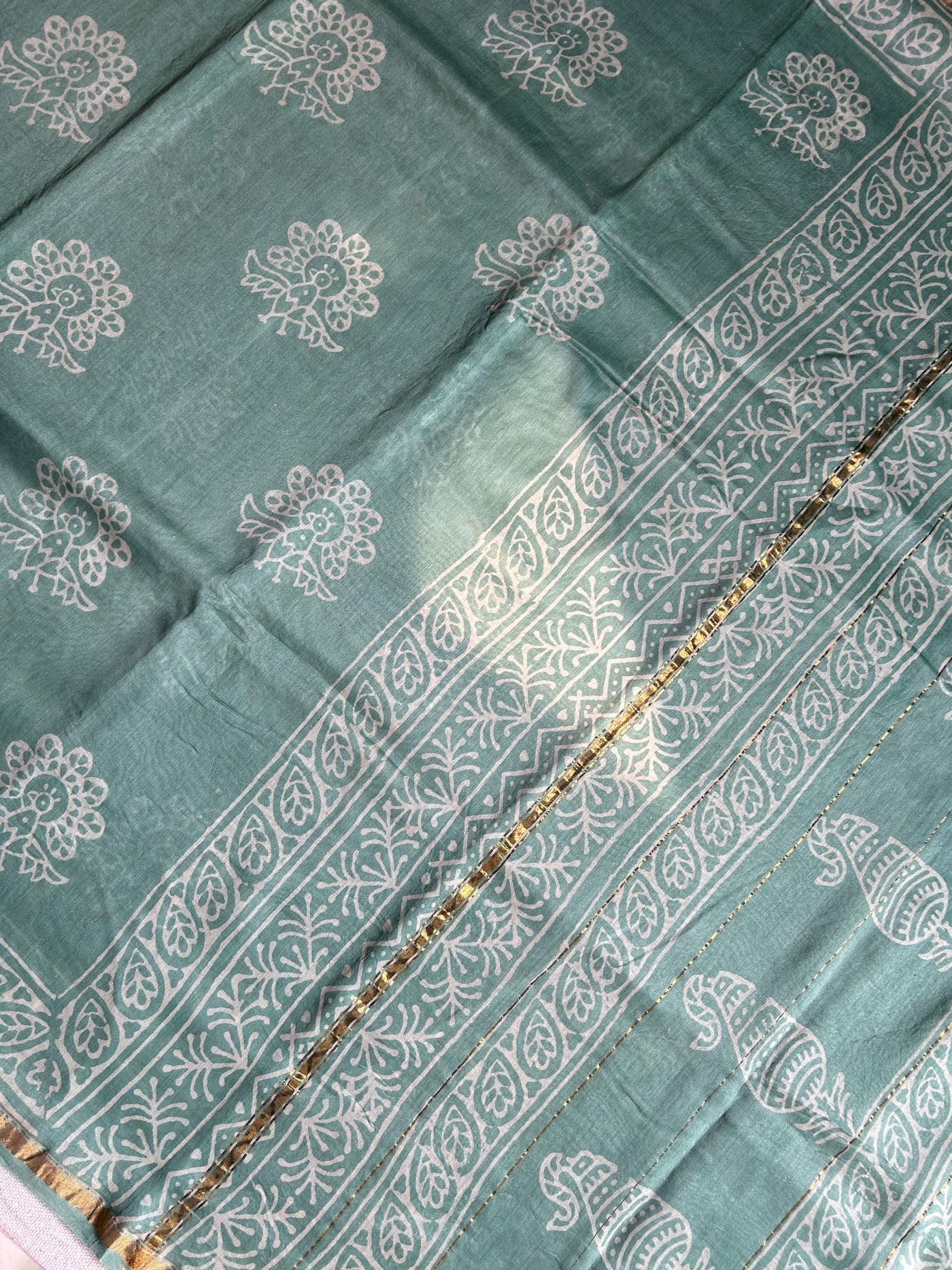 ICY CANDY: HANDBLOCK BAGRU PRINT CHANDERI SILK-COTT SAREE WITH ZARI BORDER.