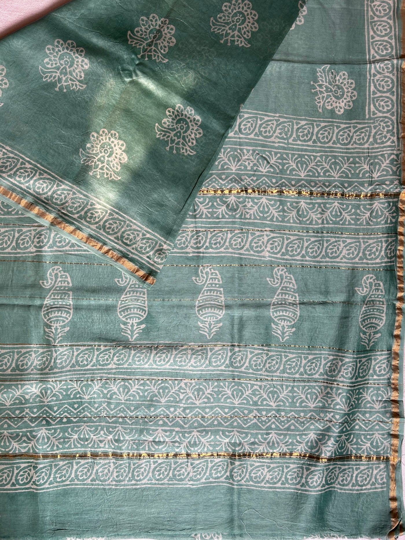 ICY CANDY: HANDBLOCK BAGRU PRINT CHANDERI SILK-COTT SAREE WITH ZARI BORDER.