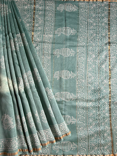 ICY CANDY: HANDBLOCK BAGRU PRINT CHANDERI SILK-COTT SAREE WITH ZARI BORDER.