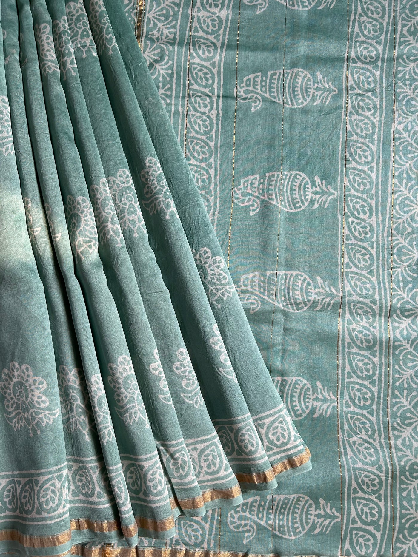 ICY CANDY: HANDBLOCK BAGRU PRINT CHANDERI SILK-COTT SAREE WITH ZARI BORDER.