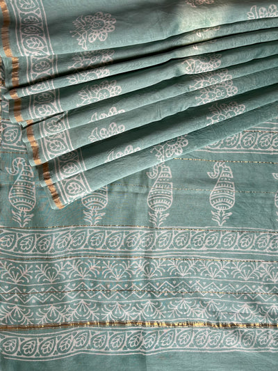 ICY CANDY: HANDBLOCK BAGRU PRINT CHANDERI SILK-COTT SAREE WITH ZARI BORDER.