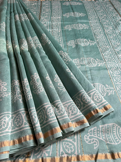 ICY CANDY: HANDBLOCK BAGRU PRINT CHANDERI SILK-COTT SAREE WITH ZARI BORDER.