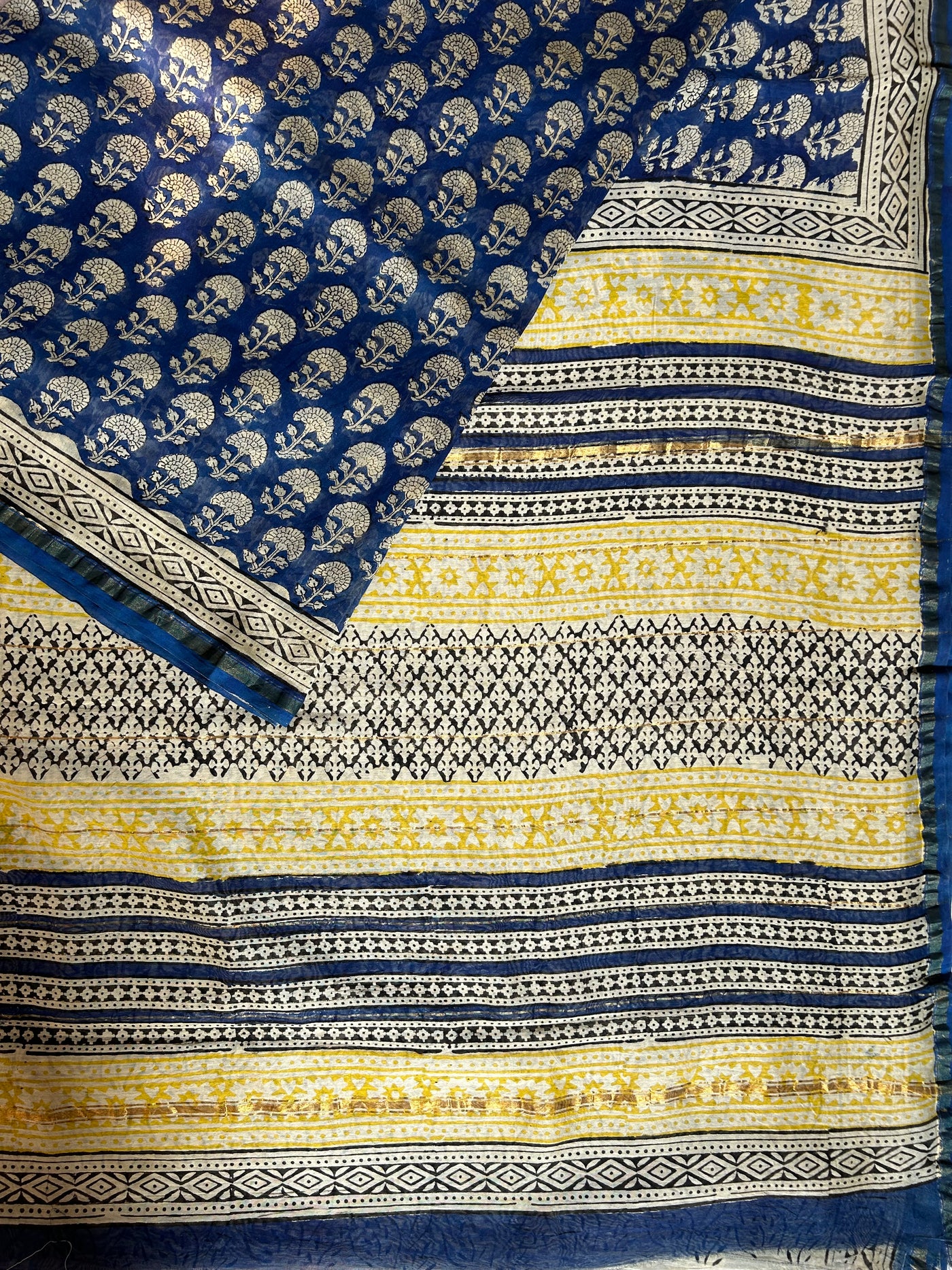 NAINA: HANDBLOCK BAGRU PRINT CHANDERI SILK-COTT SAREE WITH ZARI BORDER.