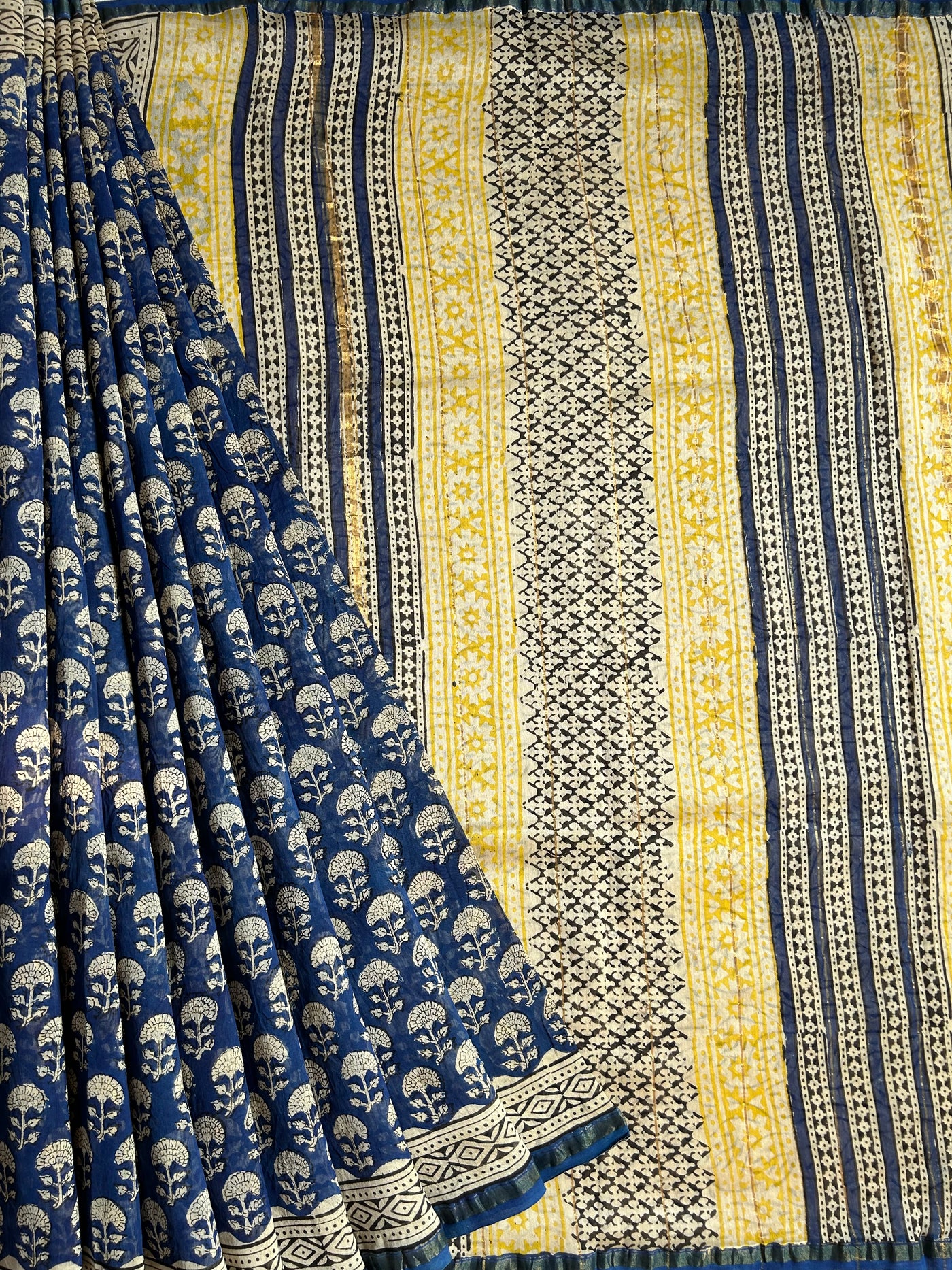 NAINA: HANDBLOCK BAGRU PRINT CHANDERI SILK-COTT SAREE WITH ZARI BORDER.