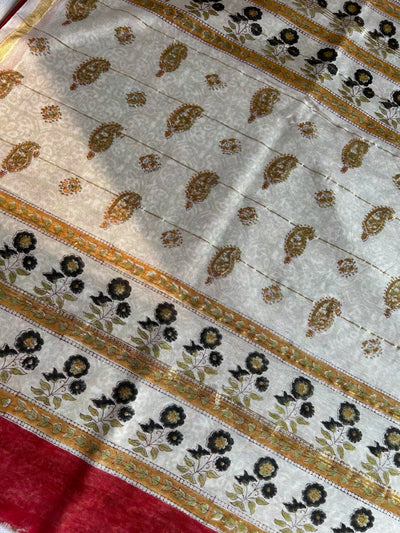 SARGAM: HANDBLOCK BAGRU PRINT CHANDERI SILK-COTT SAREE WITH ZARI BORDER.