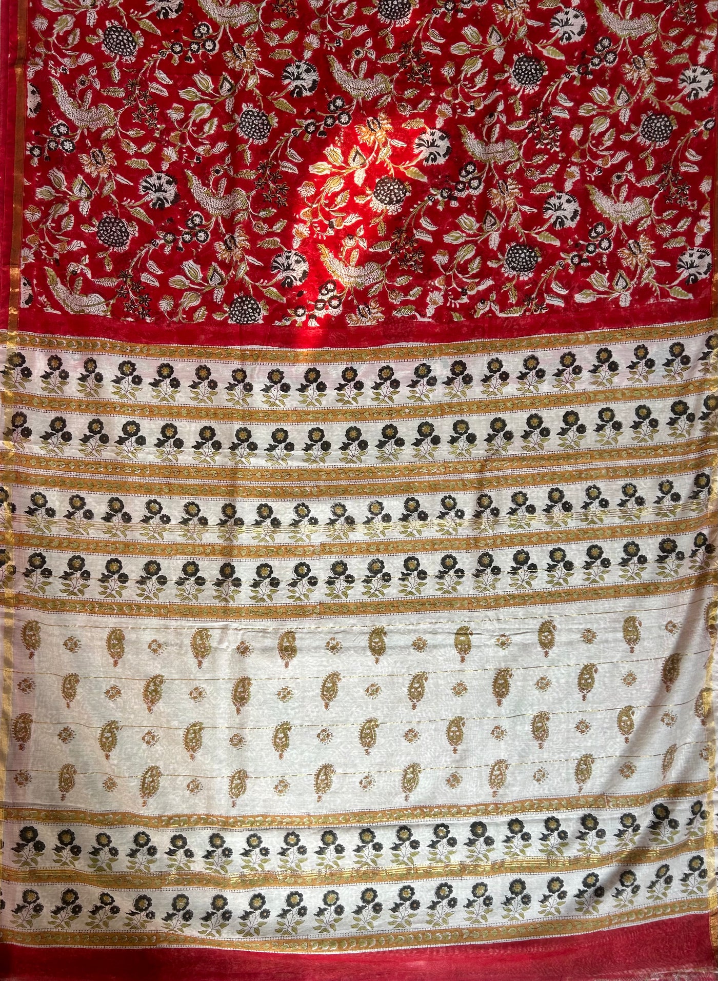 SARGAM: HANDBLOCK BAGRU PRINT CHANDERI SILK-COTT SAREE WITH ZARI BORDER.