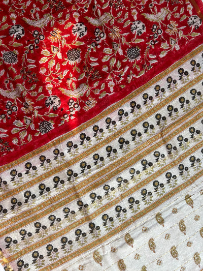 SARGAM: HANDBLOCK BAGRU PRINT CHANDERI SILK-COTT SAREE WITH ZARI BORDER.