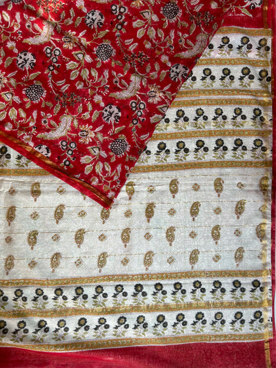 SARGAM: HANDBLOCK BAGRU PRINT CHANDERI SILK-COTT SAREE WITH ZARI BORDER.