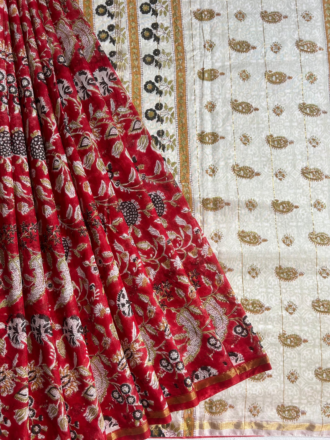 SARGAM: HANDBLOCK BAGRU PRINT CHANDERI SILK-COTT SAREE WITH ZARI BORDER.