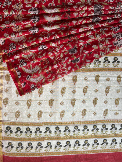 SARGAM: HANDBLOCK BAGRU PRINT CHANDERI SILK-COTT SAREE WITH ZARI BORDER.