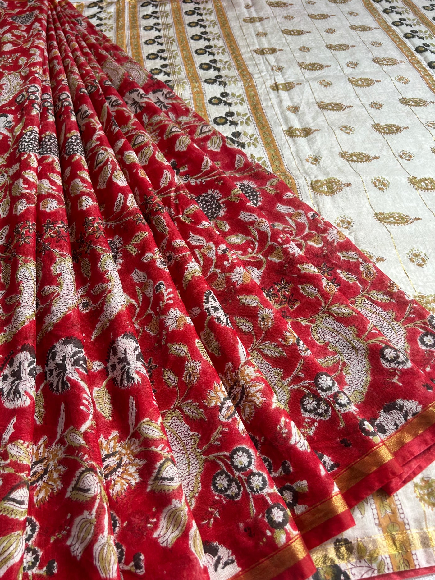 SARGAM: HANDBLOCK BAGRU PRINT CHANDERI SILK-COTT SAREE WITH ZARI BORDER.