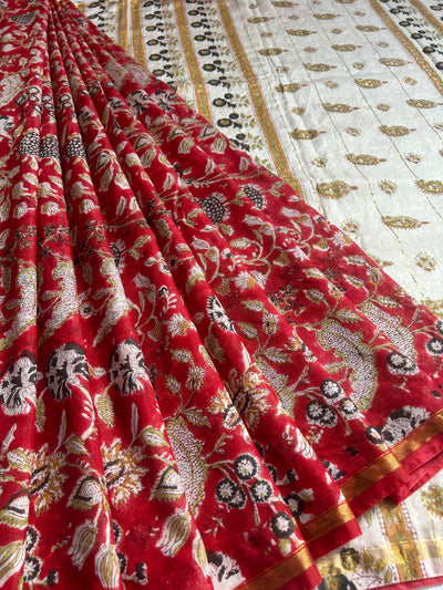 SARGAM: HANDBLOCK BAGRU PRINT CHANDERI SILK-COTT SAREE WITH ZARI BORDER.