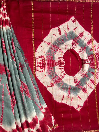 KANCHAN: HANDBLOCK BAGRU PRINT CHANDERI SILK-COTT SAREE WITH ZARI BORDER.