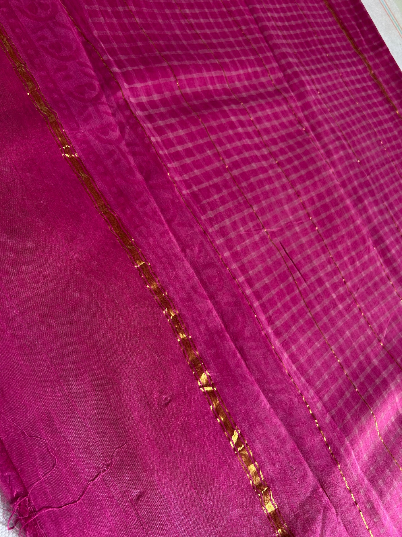 NUSRAT: HANDBLOCK BAGRU PRINT CHANDERI SILK-COTT SAREE WITH ZARI BORDER.