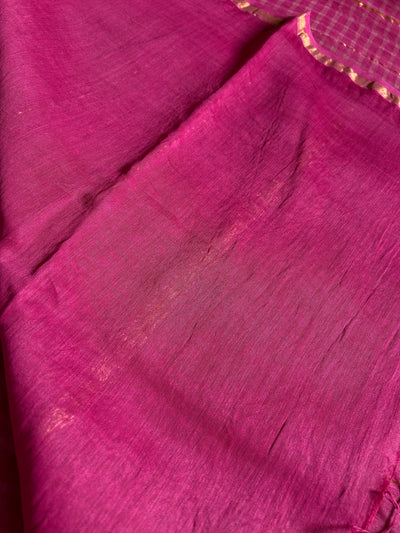 NUSRAT: HANDBLOCK BAGRU PRINT CHANDERI SILK-COTT SAREE WITH ZARI BORDER.