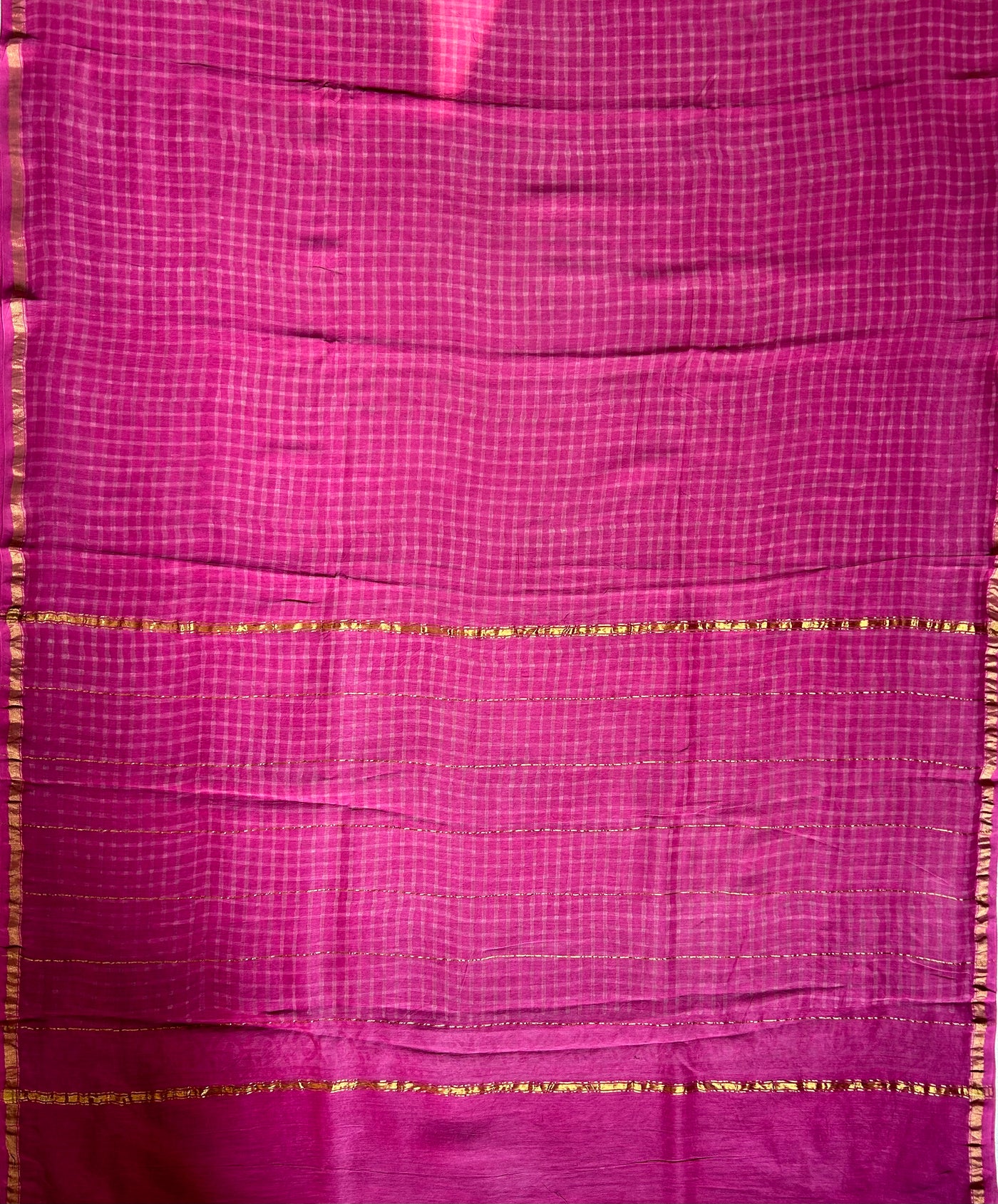 NUSRAT: HANDBLOCK BAGRU PRINT CHANDERI SILK-COTT SAREE WITH ZARI BORDER.