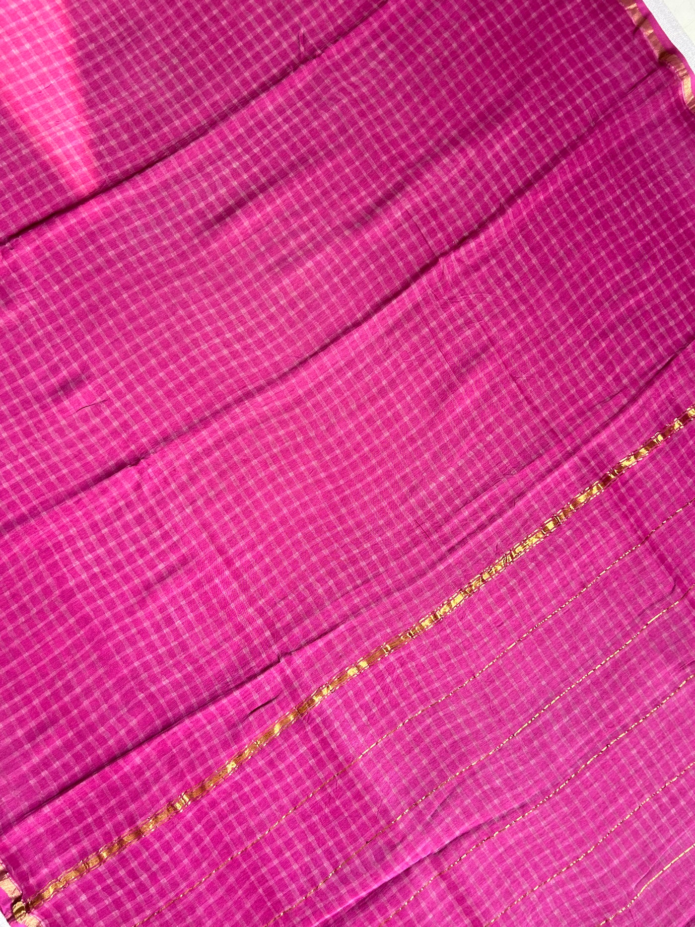 NUSRAT: HANDBLOCK BAGRU PRINT CHANDERI SILK-COTT SAREE WITH ZARI BORDER.