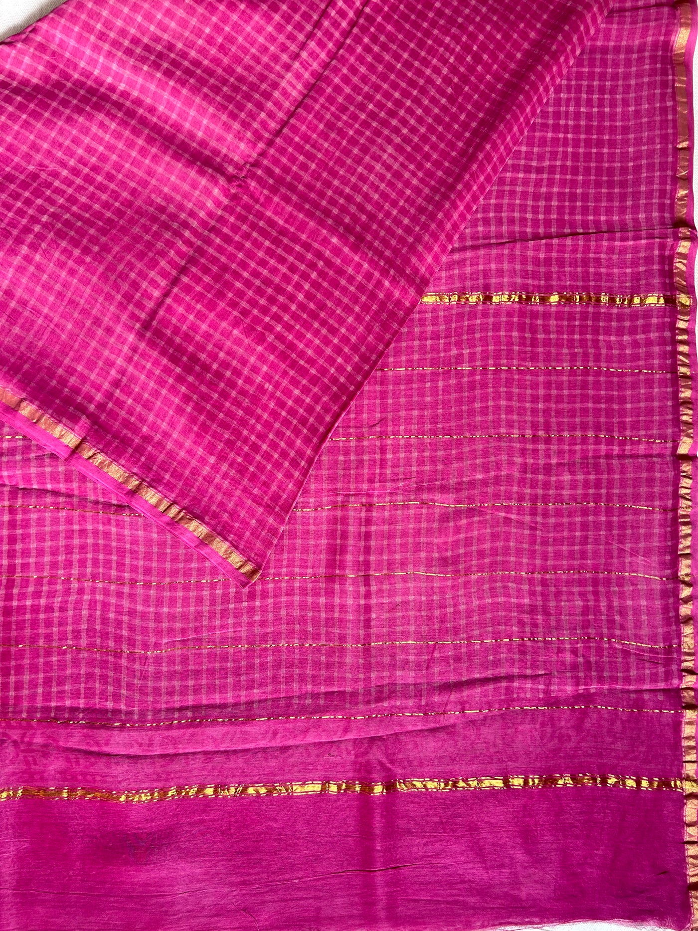 NUSRAT: HANDBLOCK BAGRU PRINT CHANDERI SILK-COTT SAREE WITH ZARI BORDER.