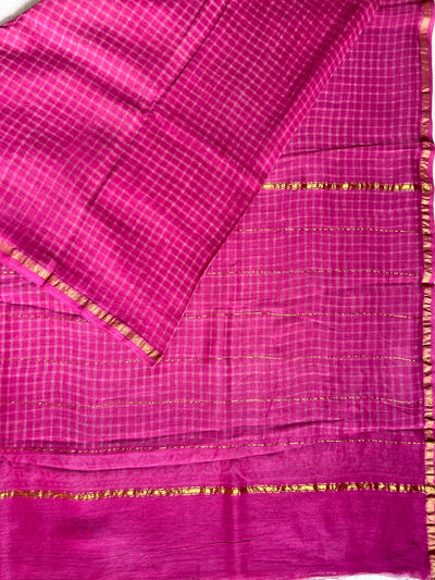 NUSRAT: HANDBLOCK BAGRU PRINT CHANDERI SILK-COTT SAREE WITH ZARI BORDER.