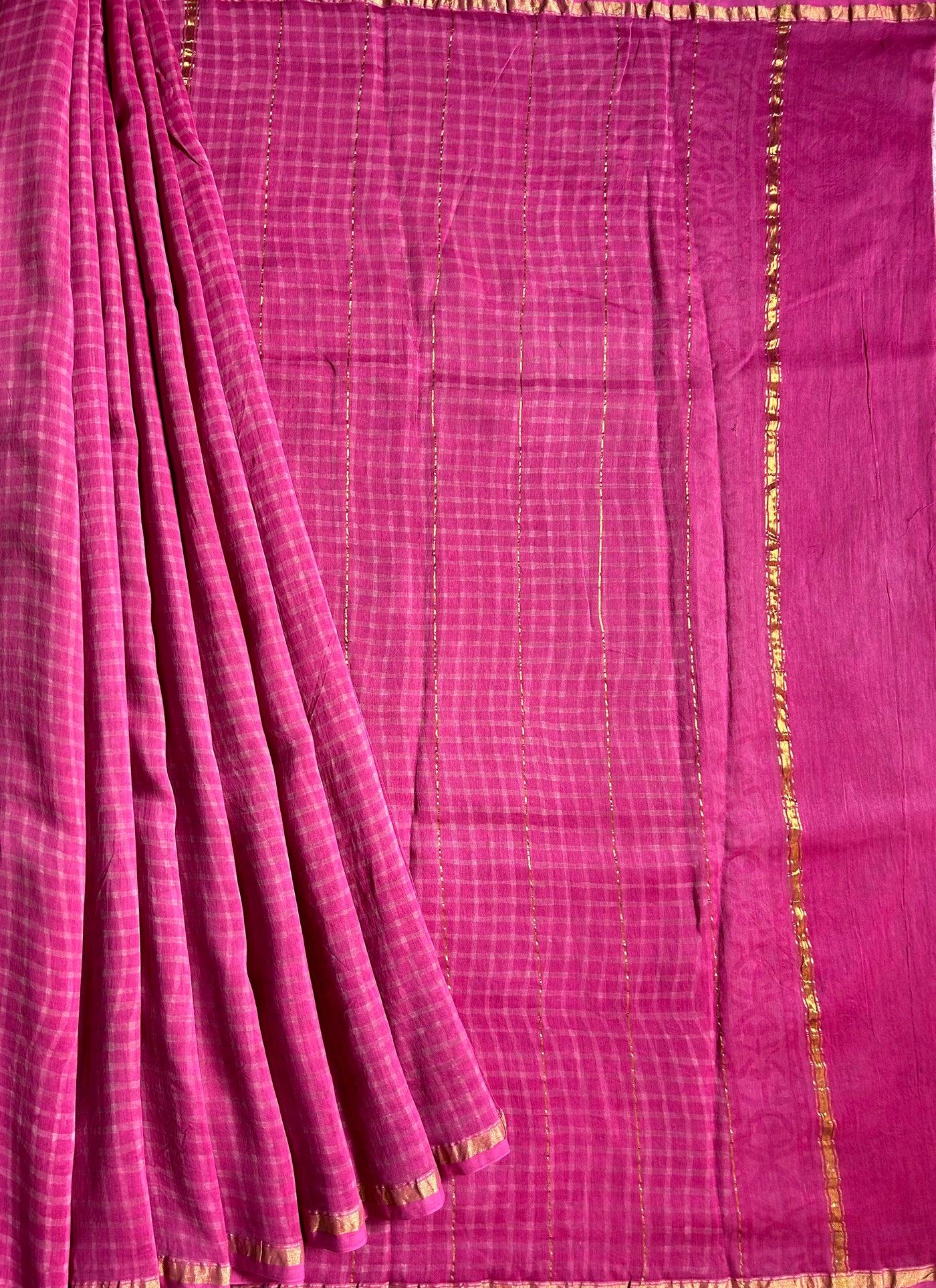 NUSRAT: HANDBLOCK BAGRU PRINT CHANDERI SILK-COTT SAREE WITH ZARI BORDER.