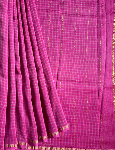 NUSRAT: HANDBLOCK BAGRU PRINT CHANDERI SILK-COTT SAREE WITH ZARI BORDER.