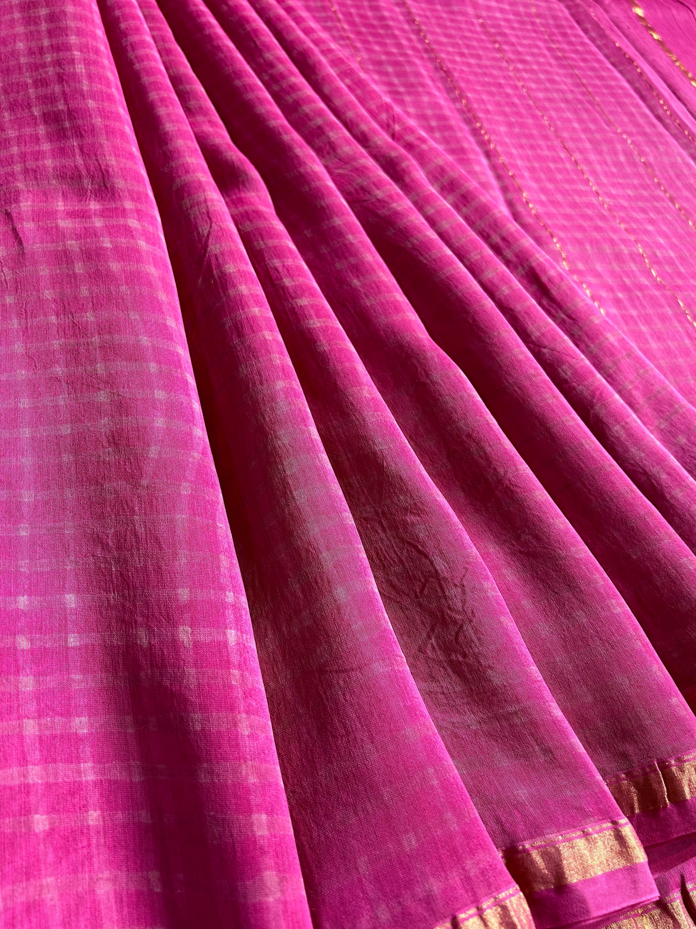 NUSRAT: HANDBLOCK BAGRU PRINT CHANDERI SILK-COTT SAREE WITH ZARI BORDER.