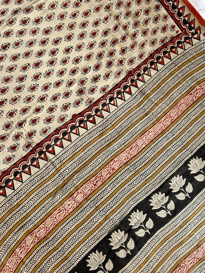 PAKIZA: HANDBLOCK BAGRU PRINT CHANDERI SILK-COTT SAREE WITH ZARI BORDER.