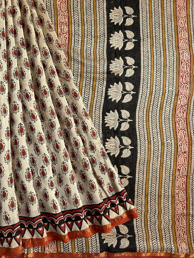 PAKIZA: HANDBLOCK BAGRU PRINT CHANDERI SILK-COTT SAREE WITH ZARI BORDER.