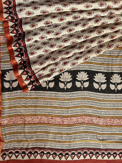 PAKIZA: HANDBLOCK BAGRU PRINT CHANDERI SILK-COTT SAREE WITH ZARI BORDER.