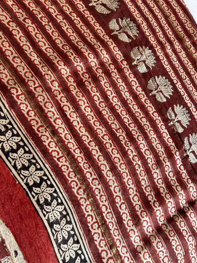 SUNAINA: HANDBLOCK BAGRU PRINT CHANDERI SILK-COTT SAREE WITH ZARI BORDER.