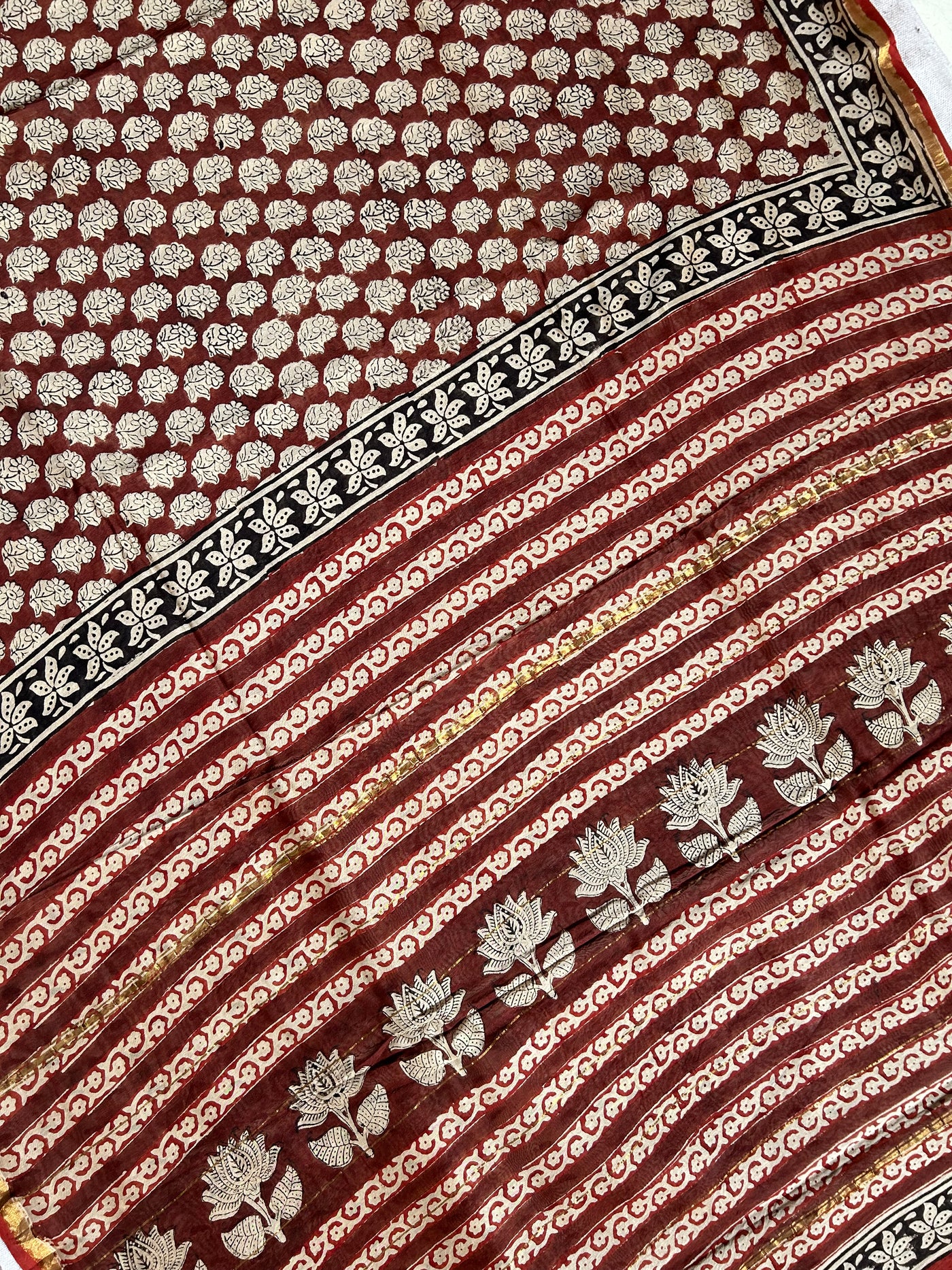 SUNAINA: HANDBLOCK BAGRU PRINT CHANDERI SILK-COTT SAREE WITH ZARI BORDER.