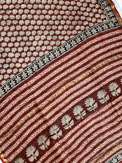 SUNAINA: HANDBLOCK BAGRU PRINT CHANDERI SILK-COTT SAREE WITH ZARI BORDER.