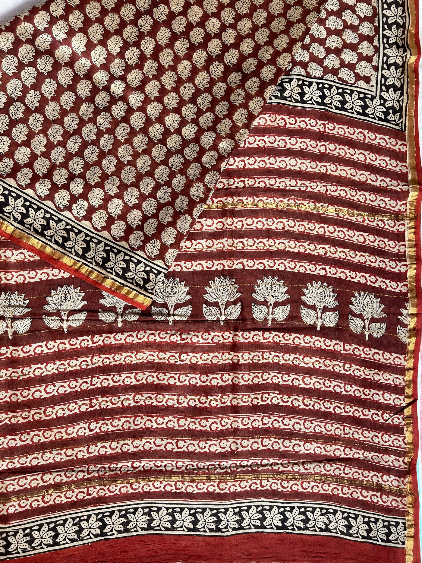 SUNAINA: HANDBLOCK BAGRU PRINT CHANDERI SILK-COTT SAREE WITH ZARI BORDER.