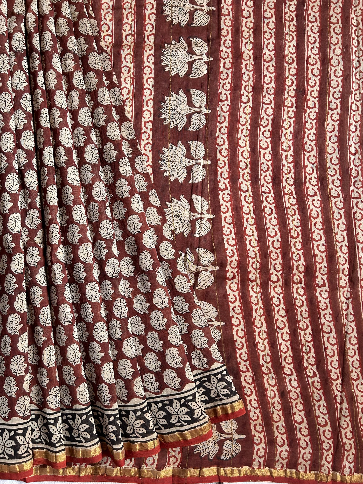 SUNAINA: HANDBLOCK BAGRU PRINT CHANDERI SILK-COTT SAREE WITH ZARI BORDER.