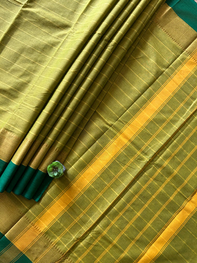 ANANTYA:PARROT GREEN,KANCHIPURAM PURE COTTON SAREE WITH BORDERS