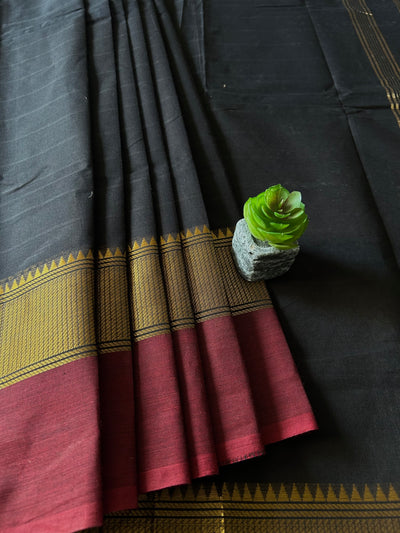 SHUBHRA:BLACK,KANCHIPURAM PURE COTTON SAREE WITH BORDERS