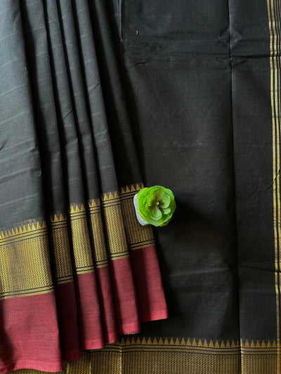 SHUBHRA:BLACK,KANCHIPURAM PURE COTTON SAREE WITH BORDERS