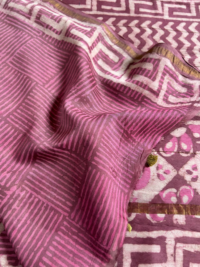 CHANDANI: HANDBLOCK BAGRU PRINT CHANDERI SILK-COTT SAREE WITH ZARI BORDER.