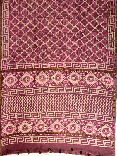 CHANDANI: HANDBLOCK BAGRU PRINT CHANDERI SILK-COTT SAREE WITH ZARI BORDER.