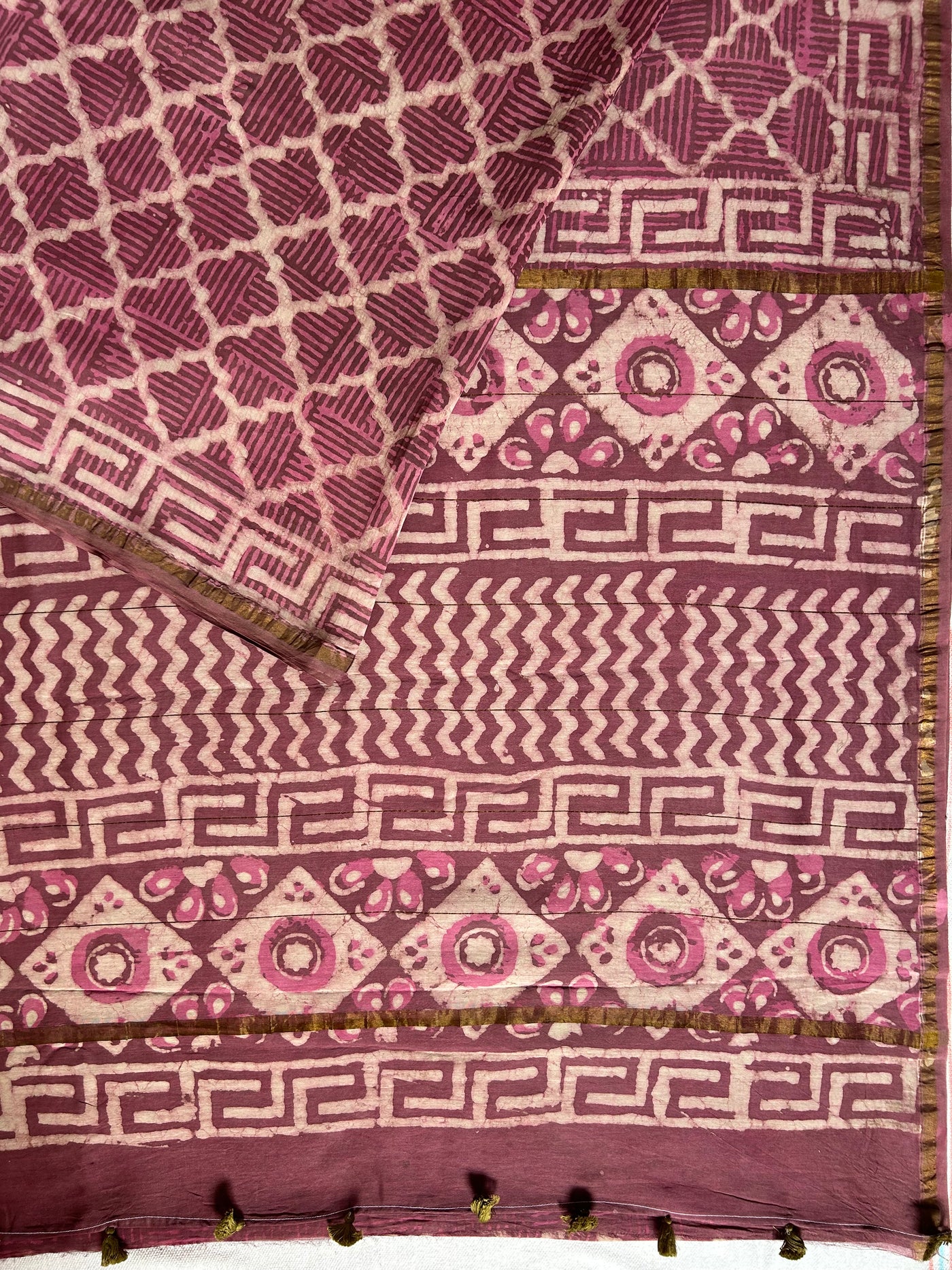 CHANDANI: HANDBLOCK BAGRU PRINT CHANDERI SILK-COTT SAREE WITH ZARI BORDER.