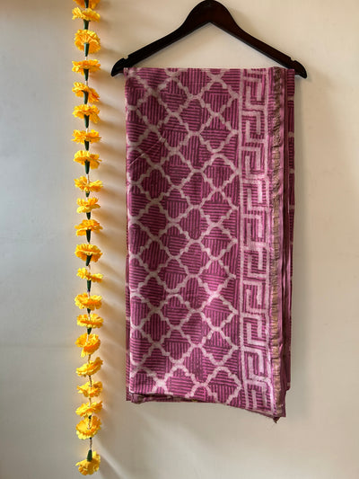 CHANDANI: HANDBLOCK BAGRU PRINT CHANDERI SILK-COTT SAREE WITH ZARI BORDER.