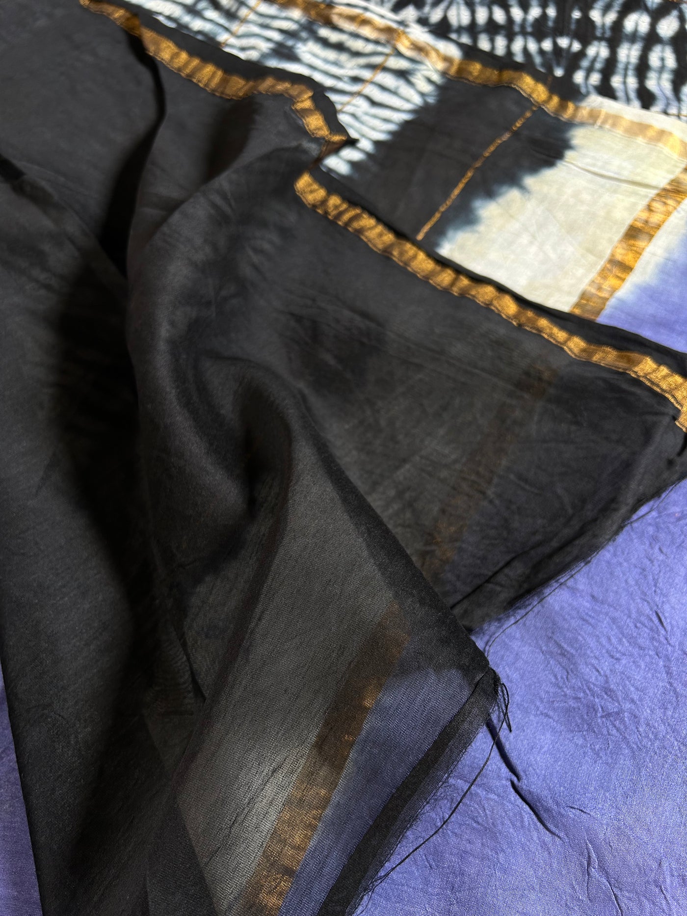DAMINI: HANDMADE SHIBORI CHANDERI SILK-COTT SAREE WITH ZARI BORDER.