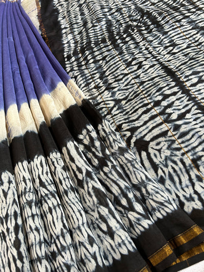 DAMINI: HANDMADE SHIBORI CHANDERI SILK-COTT SAREE WITH ZARI BORDER.