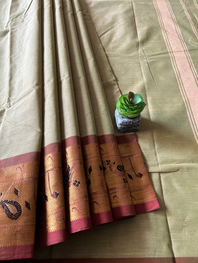 AMULYAM:PISTA GREEN,KANCHIPURAM PURE COTTON SAREE WITH BORDERS