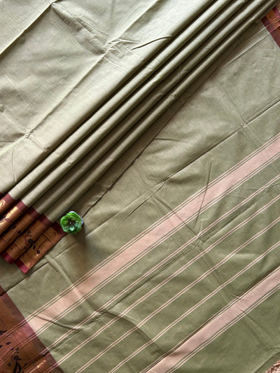 AMULYAM:PISTA GREEN,KANCHIPURAM PURE COTTON SAREE WITH BORDERS