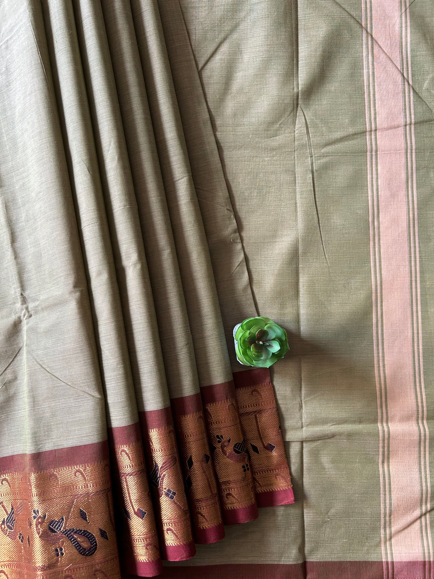 AMULYAM:PISTA GREEN,KANCHIPURAM PURE COTTON SAREE WITH BORDERS