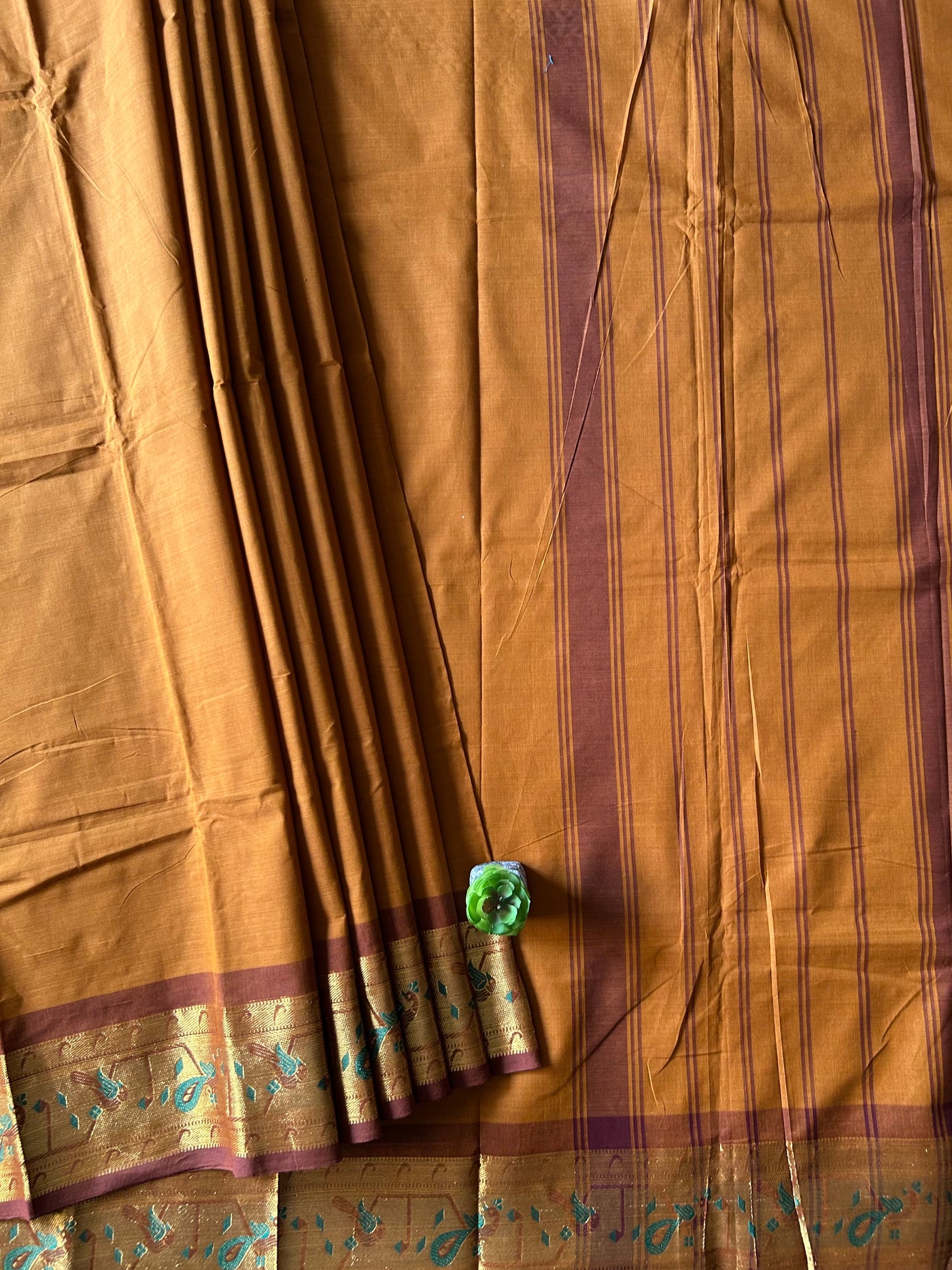 MEENAKSHI:GOLDEN BROWN,KANCHIPURAM PURE COTTON SAREE WITH BORDERS