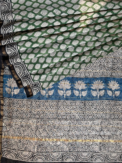 KANIKA : HANDBLOCK BAGRU PRINT CHANDERI SILK-COTT SAREE WITH ZARI BORDER.